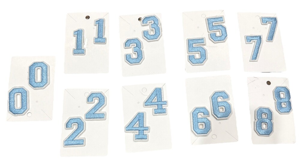 Embroidered Iron on Patch Set Numbers 0-8 Baby Blue & White 1 1/2 Inch x 1 Inch